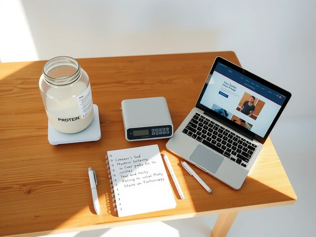 Meja kerja bersih dengan perlengkapan suplemen dan laptop